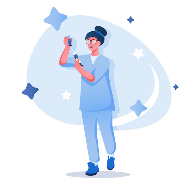 Nurse with syringe flat character concept for web design Woman in uniform works in medical clinic