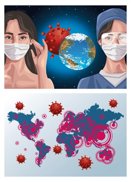 Vector nurse and woman using fase mask with continents maps , protection