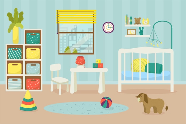 Nursery children room for newborn baby home indoor furniture vector illustration child bedroom