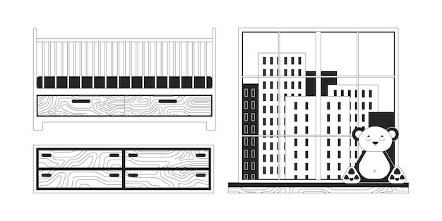 Nursery furniture black and white 2D line cartoon objects set