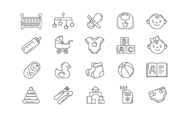 Nursery kid icon Pictogram of linear newborn child Diapers and carriage Bed with carousel Toddlers food or toys Family health and childhood care Infant faces Vector line signs set