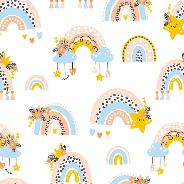 Nursery rainbows seamless pattern Vector background with cute baby shower elements