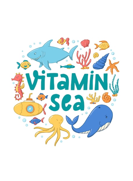 Nursery sea quote with doodles 'Vitamin sea'