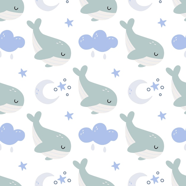 Nursery seamless pattern of whales clouds moon and stars