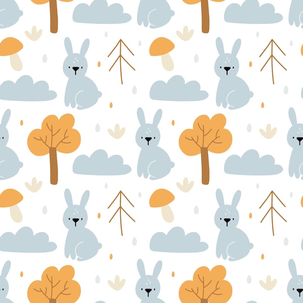 Nursery seamless pattern with a cute rabbit boho woodland animals