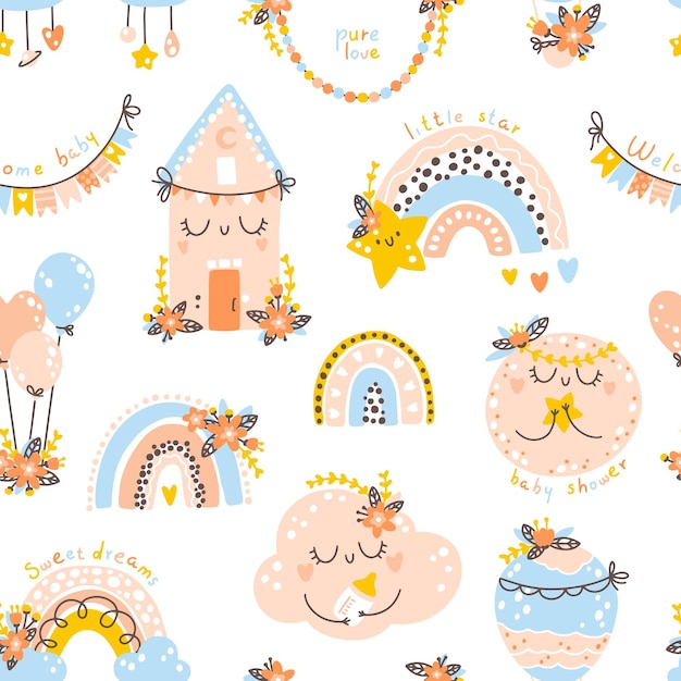 Nursery seamless pattern with rainbows planets clouds Vector background with cute baby shower