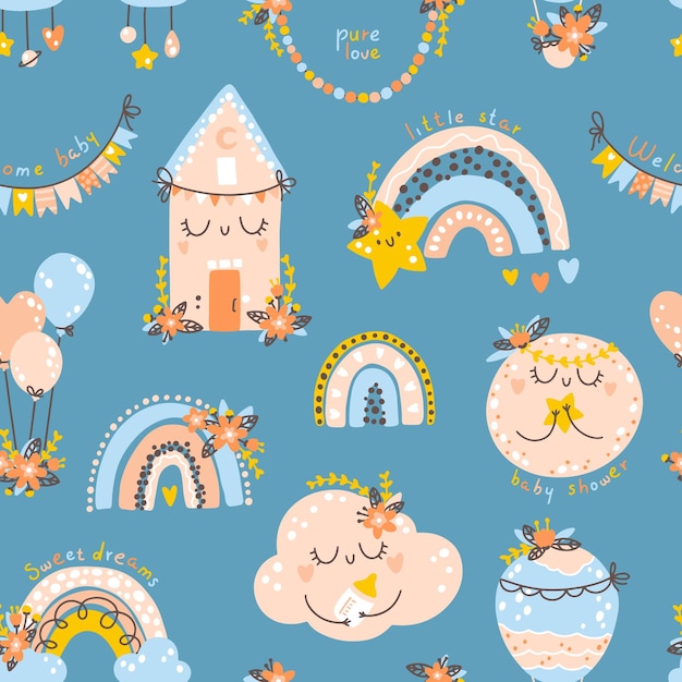 Nursery seamless pattern with rainbows planets clouds Vector background with cute baby shower