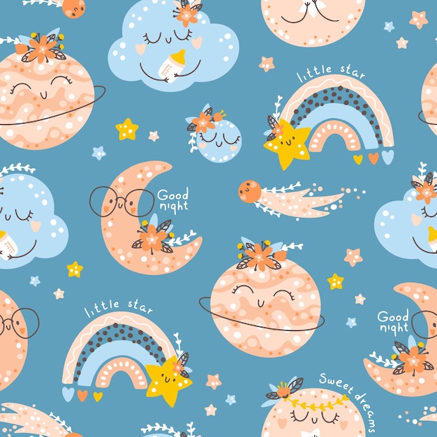 Nursery seamless pattern with rainbows planets clouds Vector background with cute baby shower