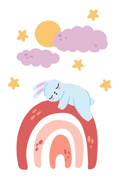 Nursery sleeping bunny boho rainbow poster. Cute baby animal card. Sleeping rabbit on abstract arch