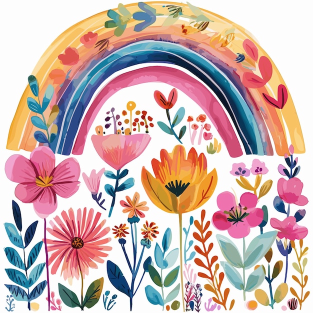 Vector nursery watercolor boho rainbow pink flowers sketches