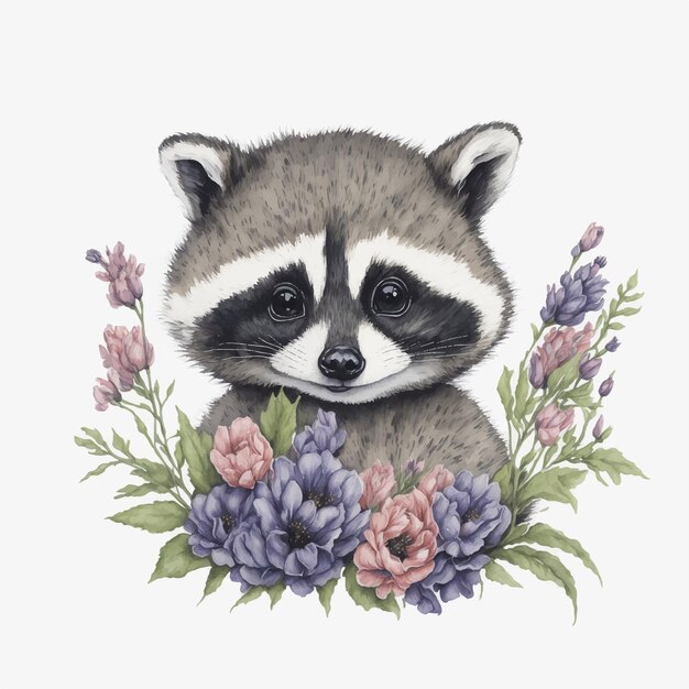 Vector nursery watercolour painting of a baby raccoon face with flowers