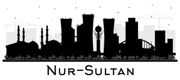 NurSultan Kazakhstan City Skyline Silhouette with Black Buildings Isolated on White NurSultan Cityscape with Landmarks