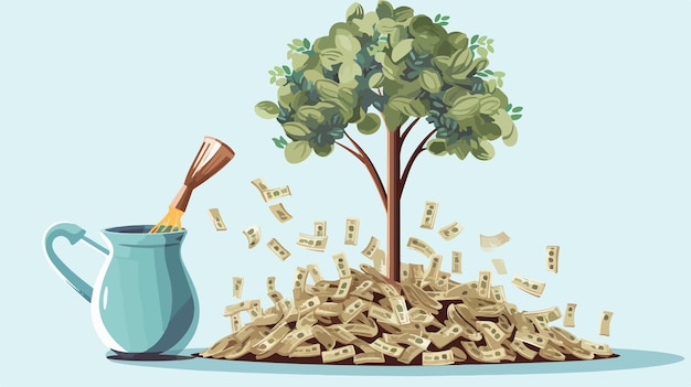 Vector nurturing money tree with human hand and watering can