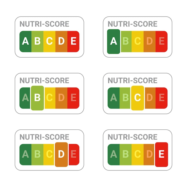 Nutri-score stickers set. Sign health care for packaging. European nutritional label for food.