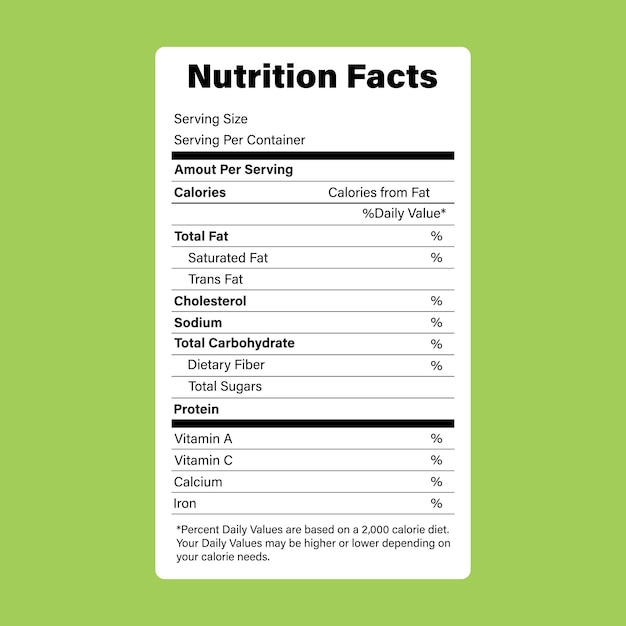 Nutrition facts label template is for content vitamins calories fats protein in food Vector