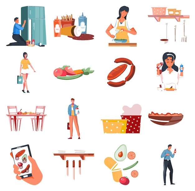 Nutrition set of flat food icons and doodle human characters with diet recipe apps and kitchenware vector illustration