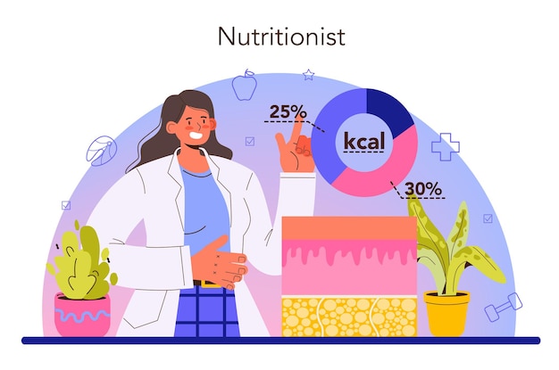 Nutritionist concept. Nutrition therapy with healthy food and physical activity. Weight loss program and diet plan. Vector illustration in cartoon style