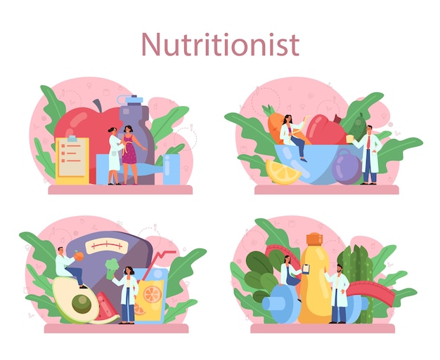 Nutritionist concept set. Diet plan with healthy food and physical