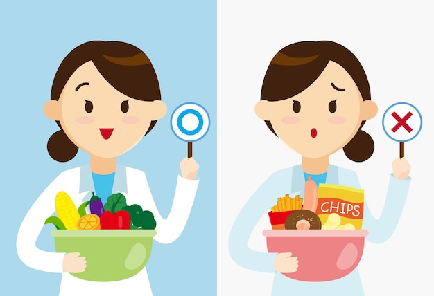 Nutritionist or dietician counselor doctor holds healthy and unhealthy food in hands illustration