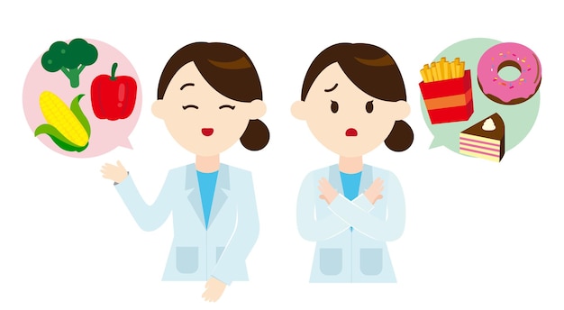 Nutritionist or dietician counselor doctor holds healthy and unhealthy food in hands illustration