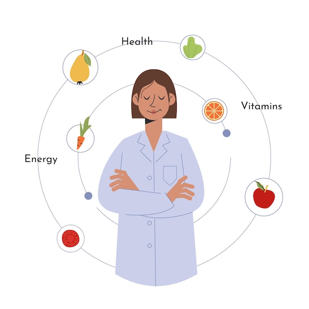 Nutritionist doctor Concept of healthy lifestyle and organic food Health care Vector stock illustration in flat style on white background