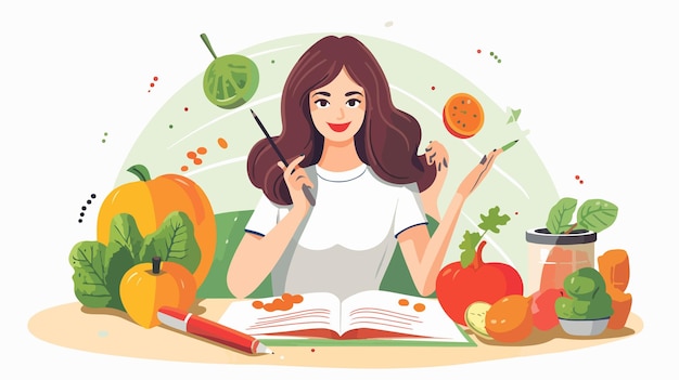 Vector nutritionist drawing up healthy eating plan for woman