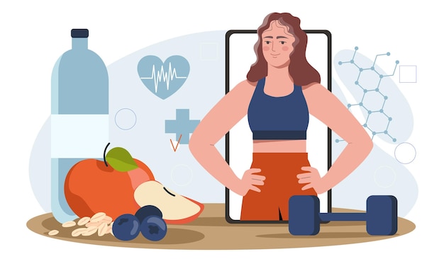 Vector nutritionist woman concept girl on smartphone screen near fruits and dumbbells active and healthy