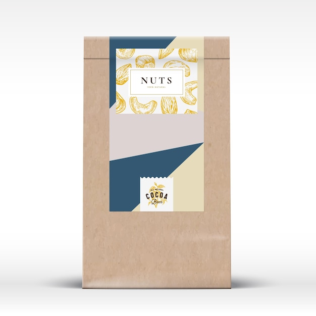 Nuts Chocolate Craft Paper Bag Product Label Abstract Vector Packaging Design Layout with Realistic Shadows Modern Typography and Hand Drawn Hazelnut Cashew and Almond Silhouette