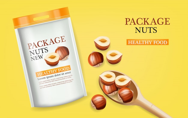 Nuts package realistic mock up illustration