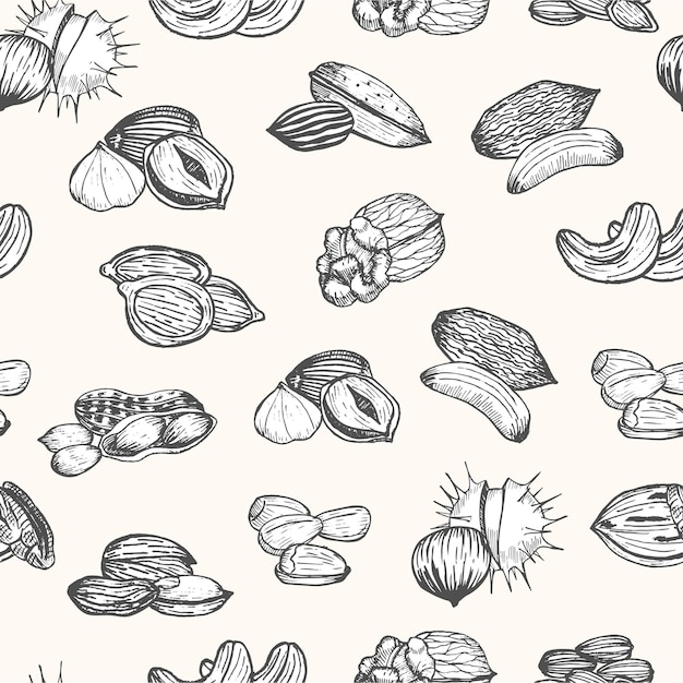 Nuts Set Hand Draw Sketch Seamless Pattern. Vintage Style