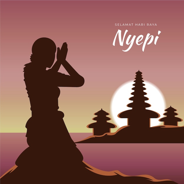 Nyepi illustration with silhouette meditating