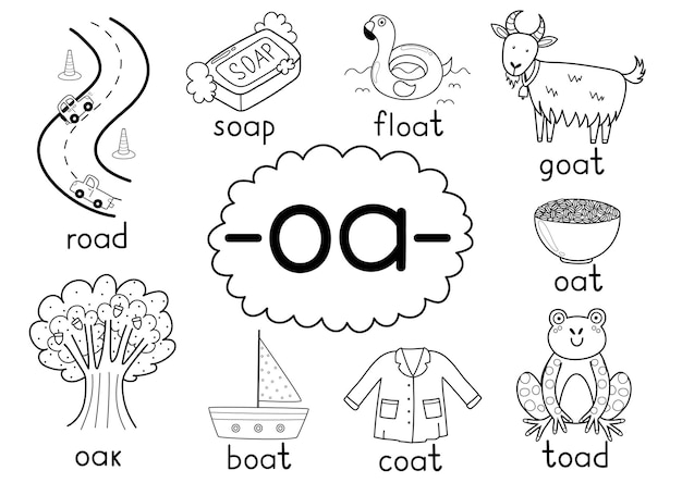 Oa digraph spelling rule black and white educational poster for kids with words Learning phonics