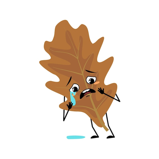 Oak leaf character with crying and tears emotion sad face depressive eyes arms and legs Forest plant in autumn brown colour Vector flat illustration