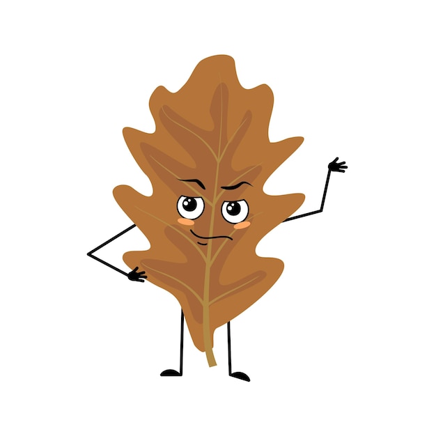 Oak leaf character with emotions of a hero a brave face arms and legs Forest plant in autumn brown colour Vector flat illustration