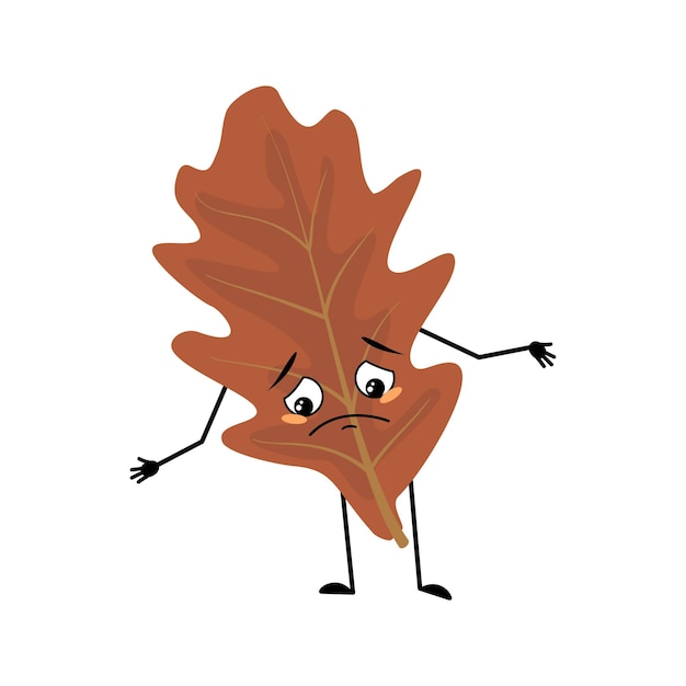 Oak leaf character with sad emotions depressed face down eyes arms and legs Forest plant in autumn brown colour Vector flat illustration