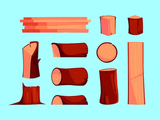 Oak logs Wooden production items branches for cutting logging lumbers trees garish vector illustrations set