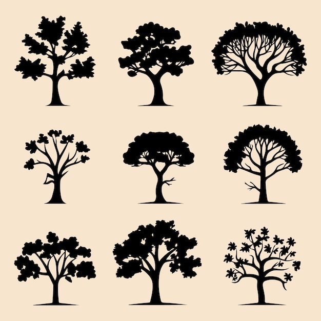 Oak tree set black silhouette Clip art