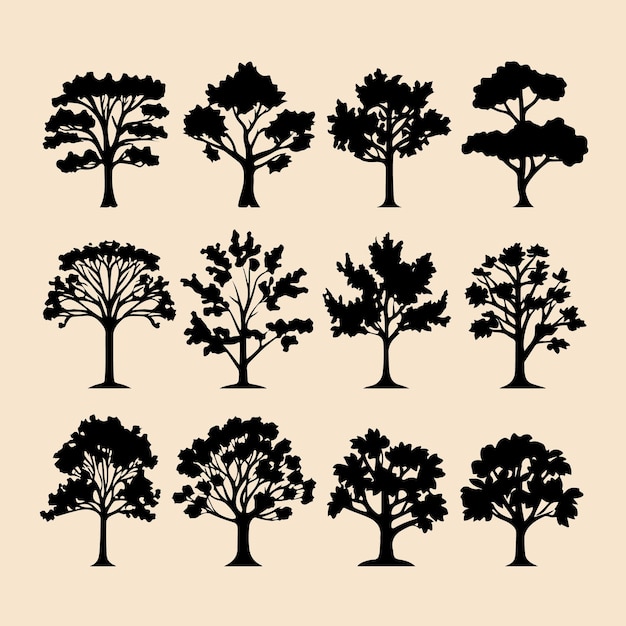 Oak tree set black silhouette vector