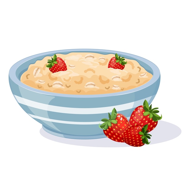 Oatmeal in blue bowl with strawberries fruit cereal for breakfast vector illustration of a healthy c