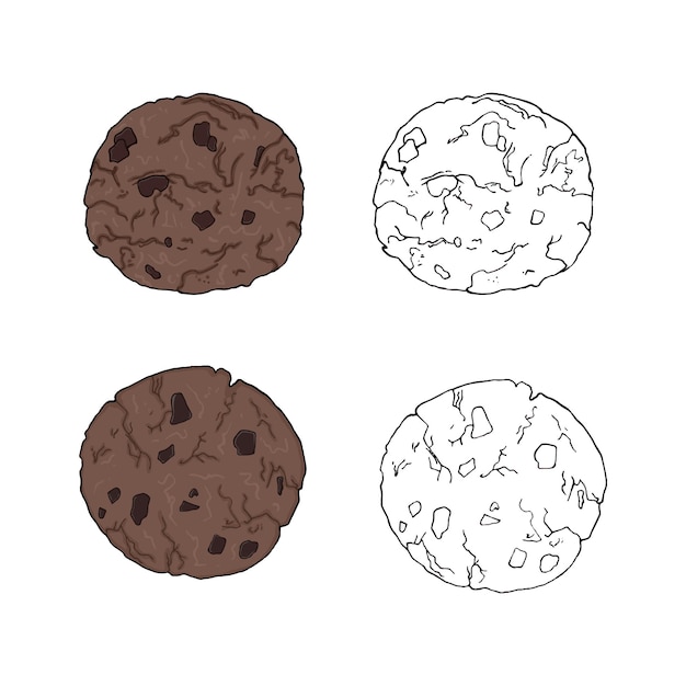 Vector oatmeal chocolate chip cookies dessert bakery product bakery food doodle linear cartoon coloring