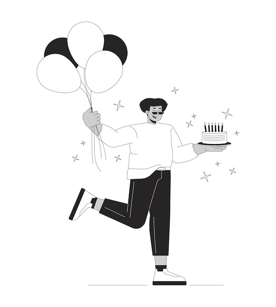 Obese hispanic man at birthday party black and white 2D line cartoon character