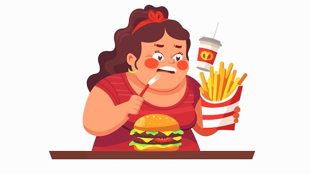 Obese Woman Indulging in Burgers and French Fries Unhealthy Eating Habits Concept