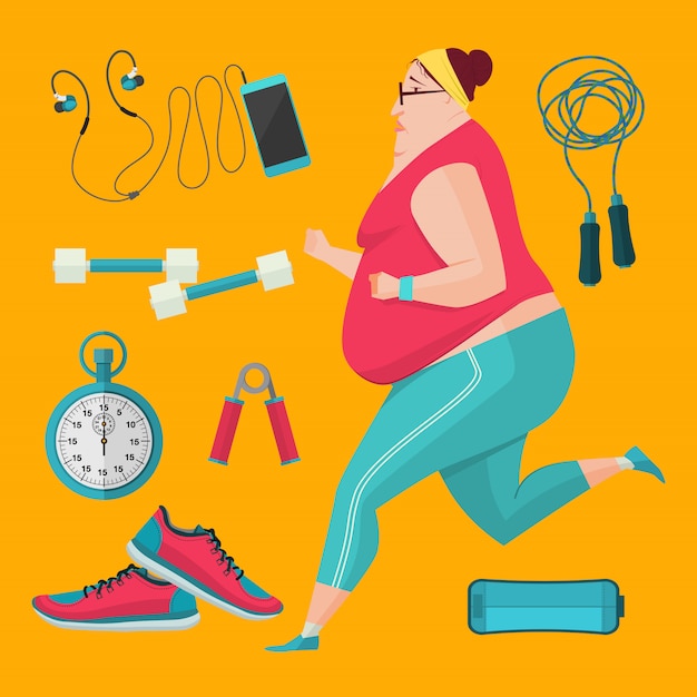 Obese women jogging to lose weight. Illustration flat style fitness equipment.