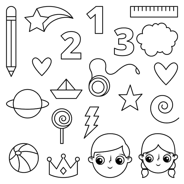 Objects of children cartoon for coloring book. icon lines. vector illustration