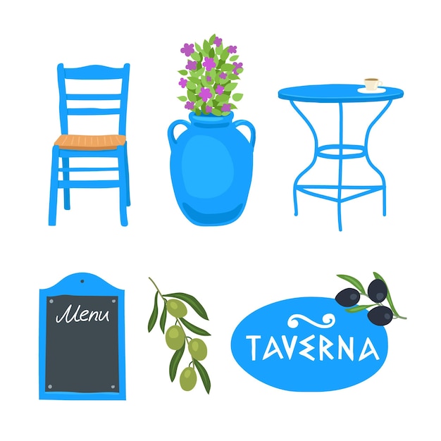 Objects of a Greek tavern Greece Table chair signboard flowers in a pot olives olives Set