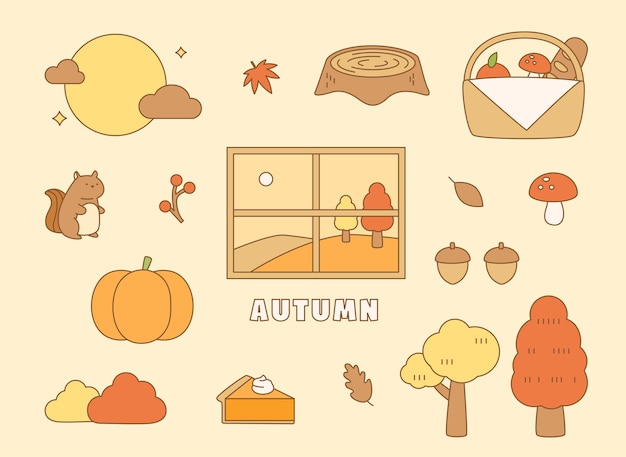 Objects representing autumn are arranged around the window.