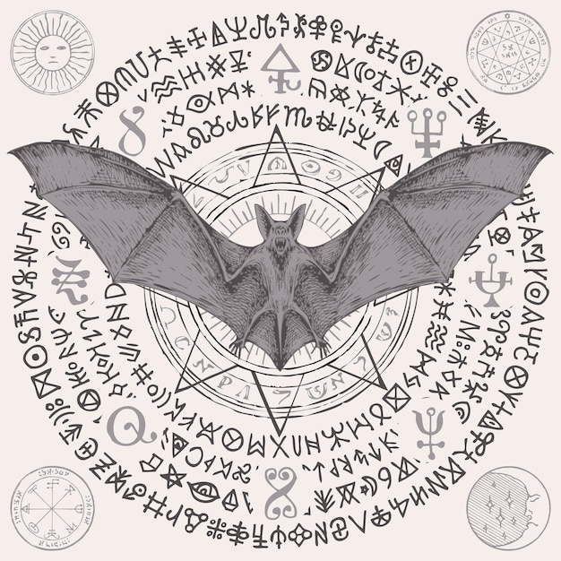 occult sign with runes and bat