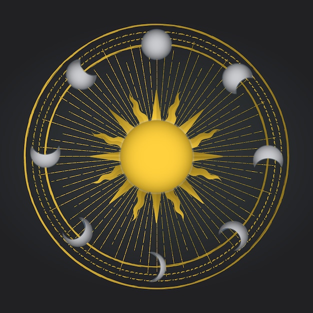 Occult sun with moon cycle. Occultism decoration