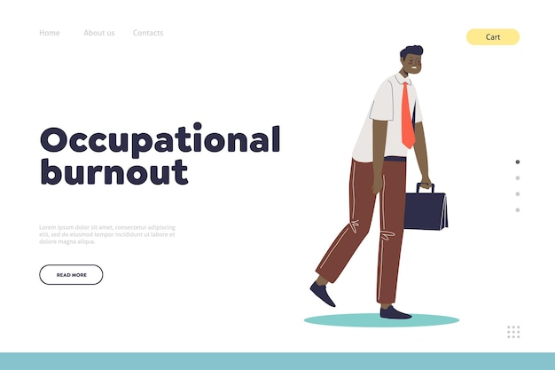 Occupational burnout concept of landing page with tired exhausted office worker walk to work feeling unhappy and frustrated. Cartoon flat vector illustration