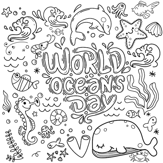 Ocean animal and plant doodle World's Ocean day background